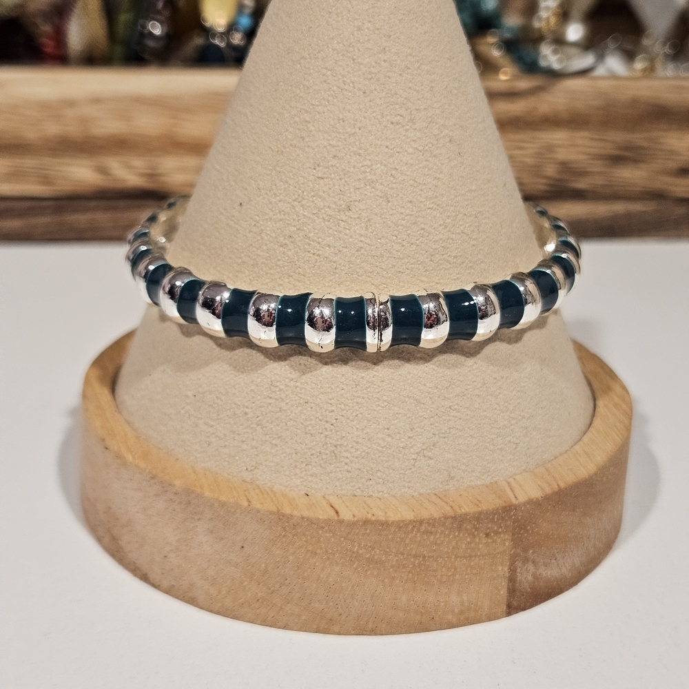 Silver and Teal Blue Green Textured Hinge Bracelet Women's Jewelry Bangle